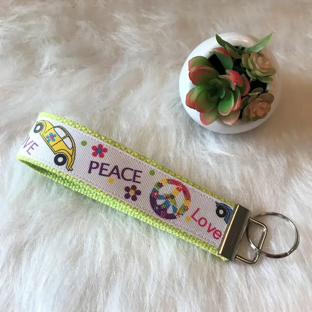 Handmade Wristlet Key Fob Holder Key Chain Peace Car Hippie 60's